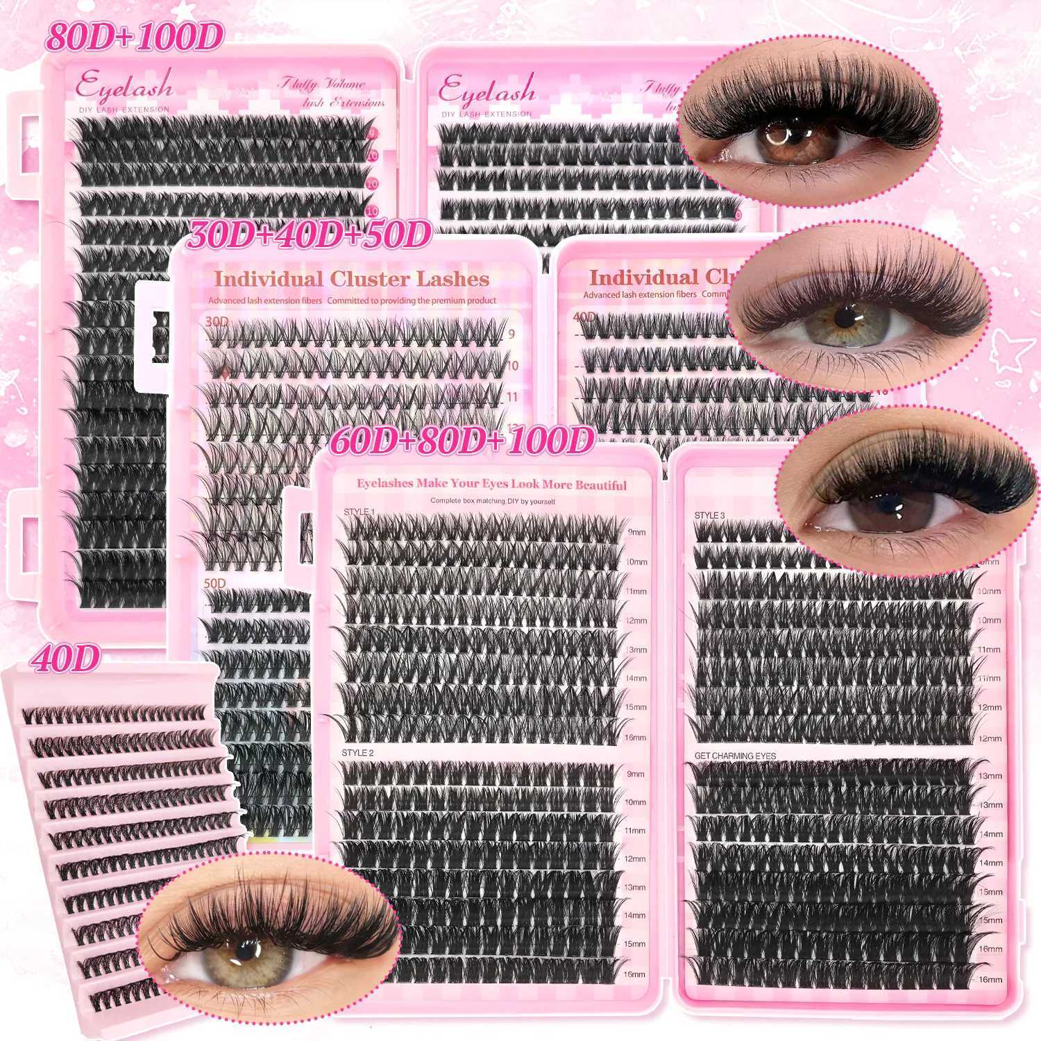 160/640/720pcs DIY Eyelash Extension Kit - False Lashes with Glue Bond Applicator Pre-Made Clusters 10-18mm for VolumeT251223