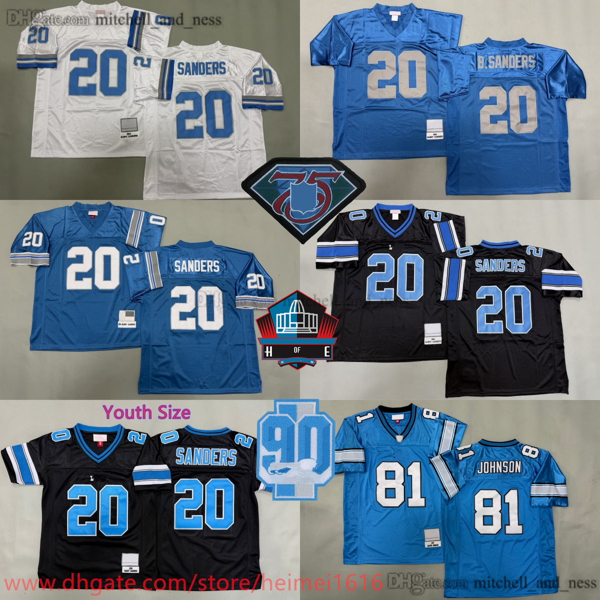 1994 M&N Throwback Football 20 Barry Sanders Jersey 2007 Classic Retro Stitched 81 Calvin Johnson Jerseys Blue White Black Breathable Sport Uniform