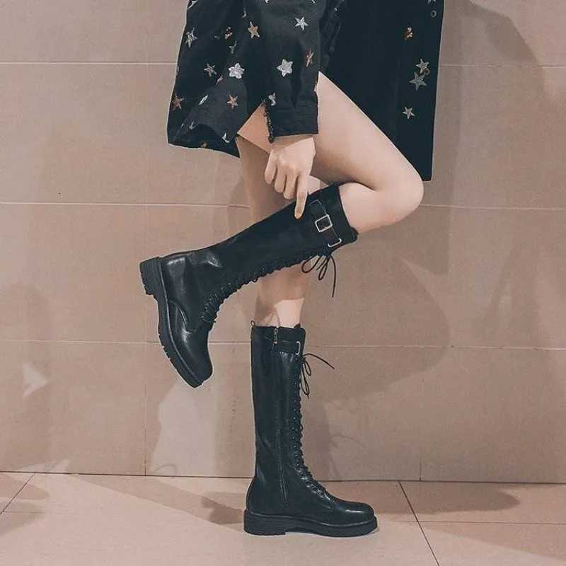 Shoes for Women Black Middle Heel Footwear Winter Knee High Shaft Long Ladies Boots with Laces Lace-up on Promotion New Rock PuT251223