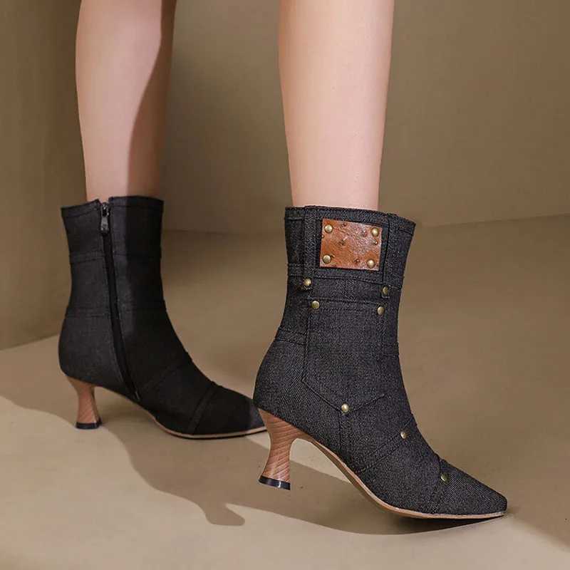 2025 Winter Fashion Boots Women Denim Cloth Pointed Toe Ankle Boots Low Heel Custom Women Shoes botas mujer Plus Size 43 WSH4932T251223