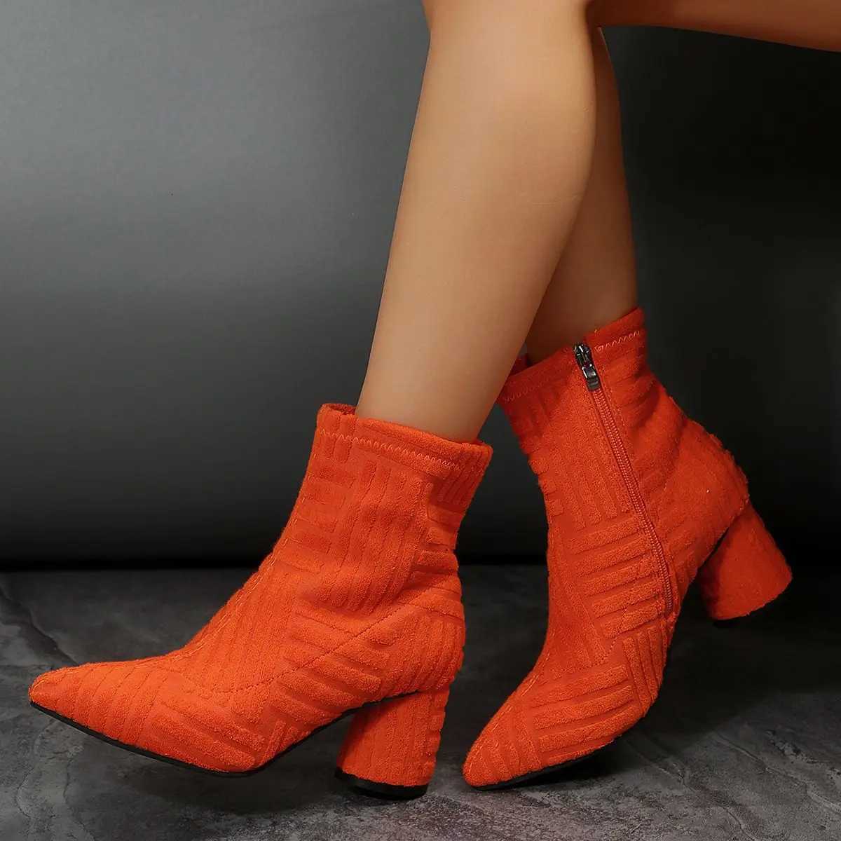 Red Women High Heels Short Boots Fashion Winter Designer Square Toe Mesh Breathable Stretch Sock Boots Slip on Platform ShoesT251223
