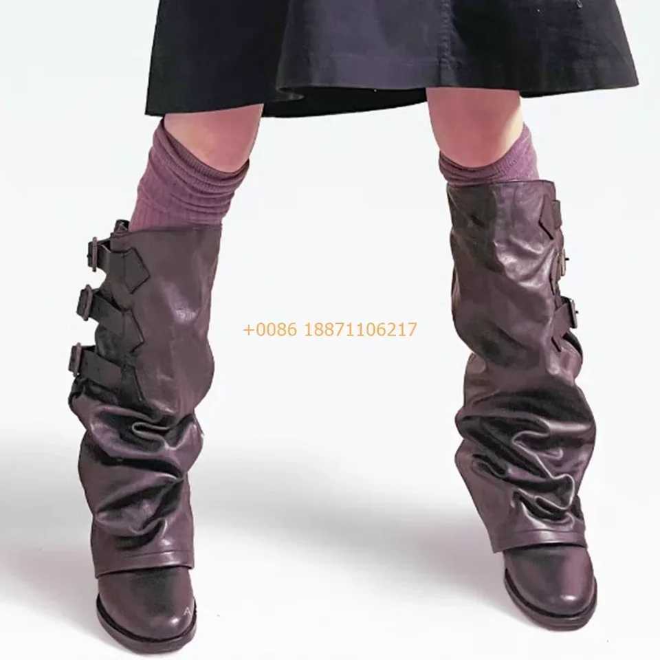 Genuine Leather Round Womens Boots 2025 Street Belt Buckle Solid Color Fashion Casual Trouser Boots Pleated Retro Mid-Calf BootT251223