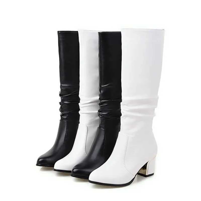 Lady Plus Size 32 33 43 26cm Black White Motorcycle Knee Boots Leather Pull On Long Botas High Heel Short Plus Warm Shoes WinterT251223