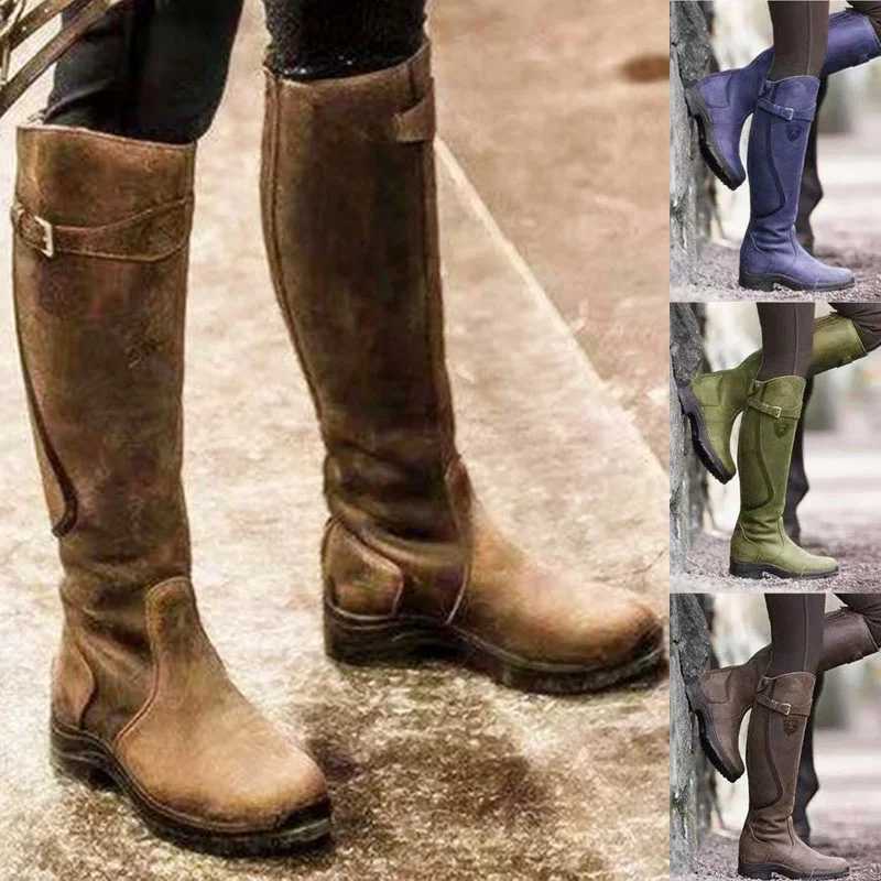 Women Winter Fashion Leather Low Heel Boots Zipper Knight Boots Vintage Outdoor Riding Boots Long Boots Knee High BootsT251223