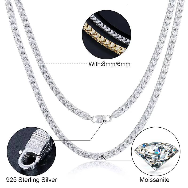 Hiphop Fine Jewelry S925 Sterling Silver Prong Iced Out Moissanite Diamonds 18K Gold Plated 6mm Franco Chain for Men