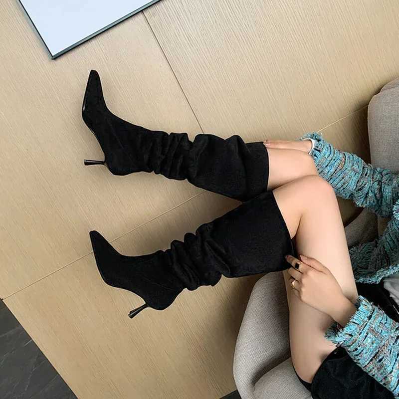 Pleated Faux Suede Knee-High Boots Women Pointed Toe Slip-On Western Cowboy Boots Woman 2025 Autumn Thin Heels Long Botas MujerT251223