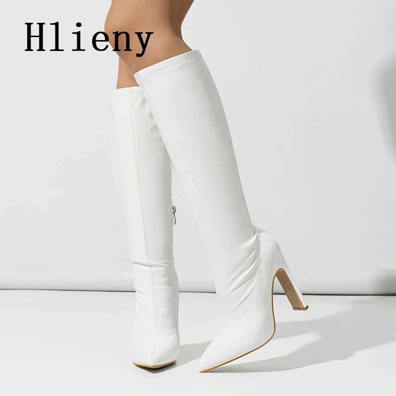 Hlieny Autumn Winter Fashion Women Knee High Motorcycle Boots Sexy Pointed Toe Square Heels Long Zipper Female Botas ShoesT251223