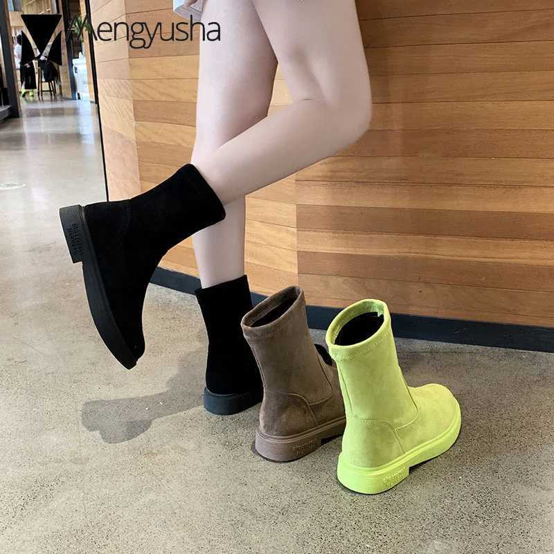candy color green mid-calf boots women flat rubber suede leather short booties mujer comfortable slip on chelsea botas femininasT251223