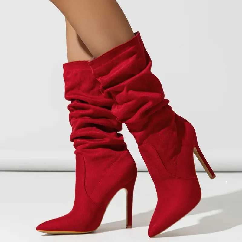 Women Pleated High Thin Heel Mid-calf Boots OL Outdoor Nightclub Evening Party Wedding Banquet Soical Gathering Botas De MujerT251223