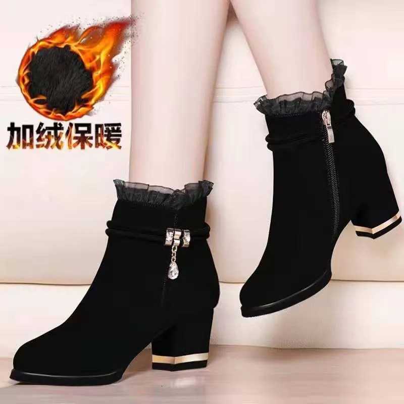 Shoes for Women Autumn Fashion Boots Women Fur Winter Warm Pointed Ankle Boot High Heel Rhinestone Decoration Zipper Women BootsT251223