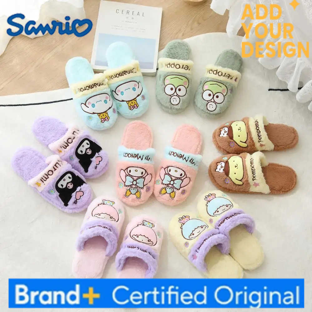 Sanrio Cute Female Kuromi Plush Slippers Anime My Melody Keep Warm Kawaii Cinnamoroll Cartoon Thicken Indoor Anti-Slip Home Slippers H251223