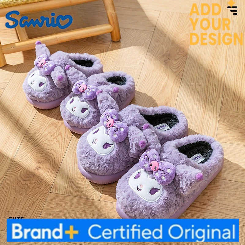 Sanrio Kids Slippers House Shoes Cartoon Kuromi Bow Winter Shoes For Girls Warm Anti-slip Home Slipper Pruple Black Shoes H251223