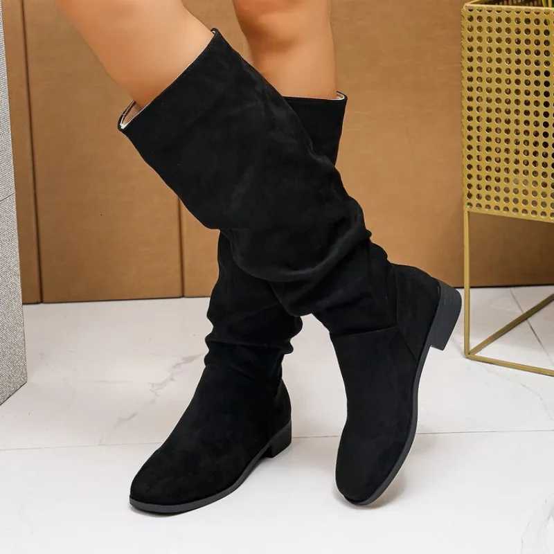 Womens Mid-heel Single Boots Spring New Round Head Suede Sleeve Fold Soft Sole Non-slip High BootsT251223