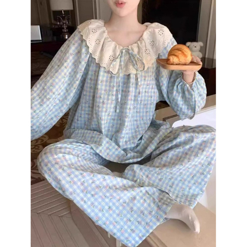 Plaid Pajamas Set Women Sweet Princess Cute Cotton Pyjamas Sexy Lace Full Sleeve Autumn 2Piece/Set Home Mom Sleepwear 210924