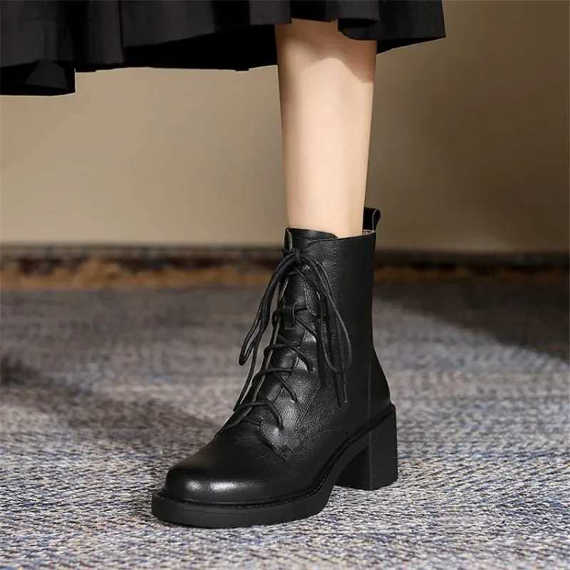 2025 Winter Genuine Leather Women Boots Round Toe Thick Heel Lace Up Fashion Ankle Boots Retro Boots Platform Shoes Heels GrownT251223