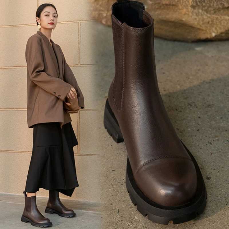 2024 Winter Shoes Women Leather Ankle Boots Women Round Toe Thick Heel Platform Shoes Solid Chelsea Boots Casual Women BootsT251223