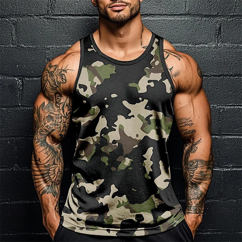 Summer Men Classic Camo Print Fitness Tank Top Gym Sports Loose Breathable Soft Sleeveless Top Fashion Simple Mens Vest Tee 251222
