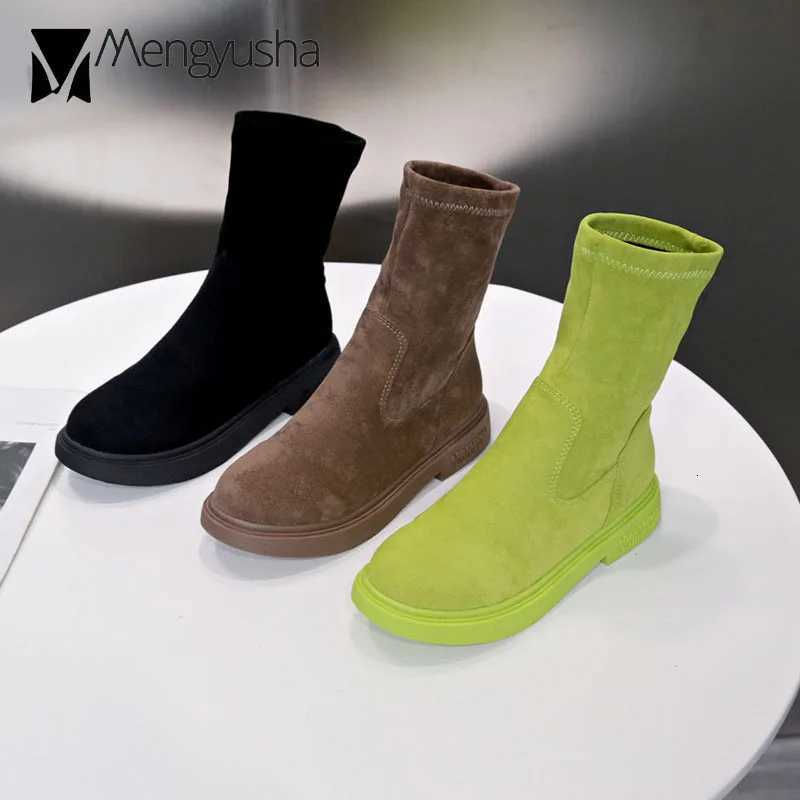 candy color green mid-calf boots women flat rubber suede leather short booties mujer comfortable slip on chelsea botas femininasT251223