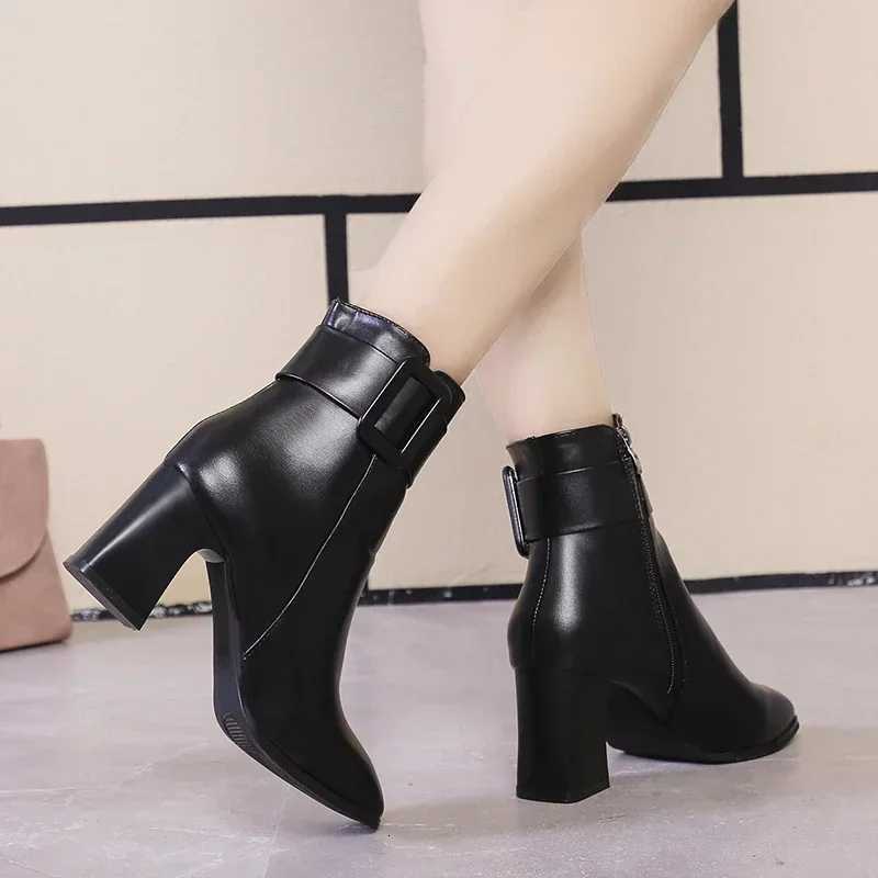 White Black Thick High Heel Ankle Boots Women 2024 Pointed Toe Keep Warm Elegant Short Booties Ladies Ankle Buckle DecorationT251223