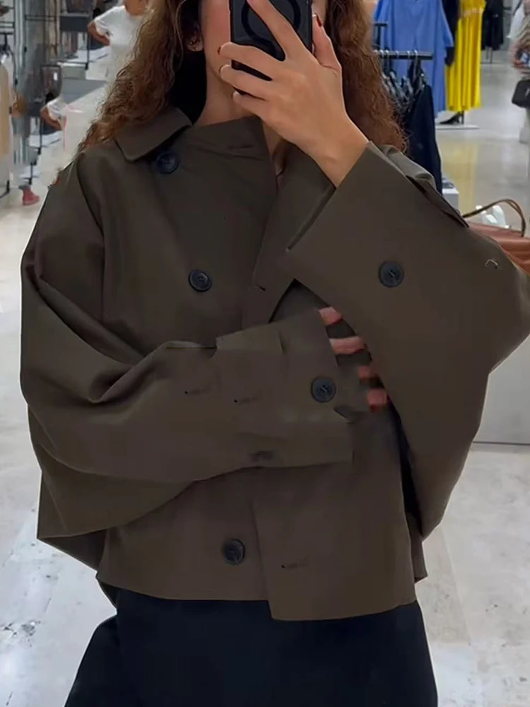 Womens Short Trench Coat Solid Hooded Loose Casual Overcoat Single Breasted Windbreaker Chic Lady Outfits 2025 Autumn 251212