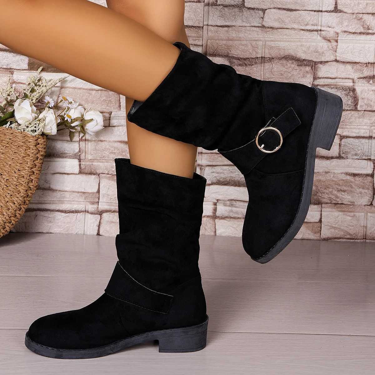 2025 Spring and Autumn New Womens Buckle Style Low Heeled Mid Heeled Boots Fashionable and Comfortable Womens Fashion BootsT251223