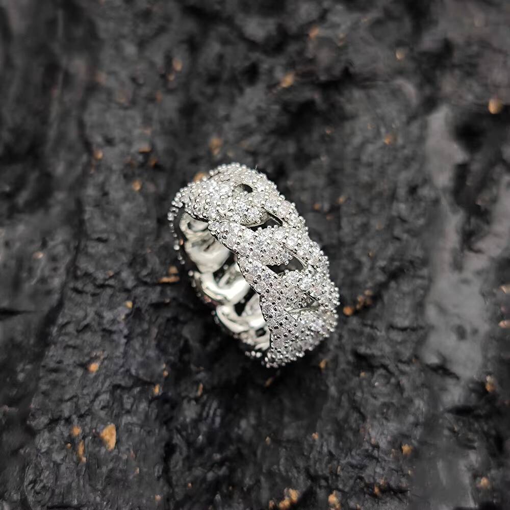 Nuoya Jewelry Hip Hop Lab Diamond Finger Ring Full Pave Moissanite Stone Iced Out Cuban Ring Gift for Men Women