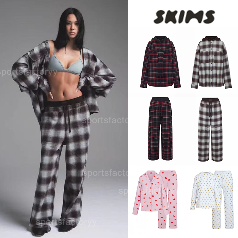 Skims Oversized Checkered Loose Fitting Casual Shirt Jacket with Double Waist Pants Casual Homewear Set Women Suit skimss lounge set