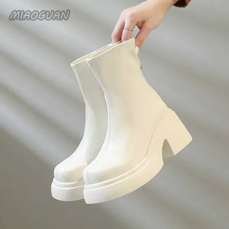 Thick Bottom Ankle Boots for Women Spring Autumn Fashion Black White Womens Shoes Chunky High Heels Round Head Short BotinesT251223