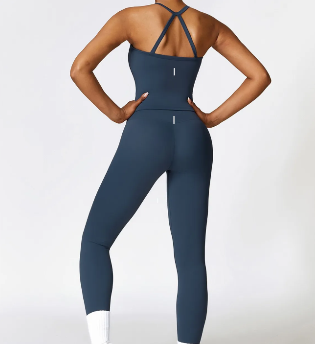 Women Yoga Two-piece Set Short Running Tank Top+ Long Pant Solid Color Sports Bra With Fitness