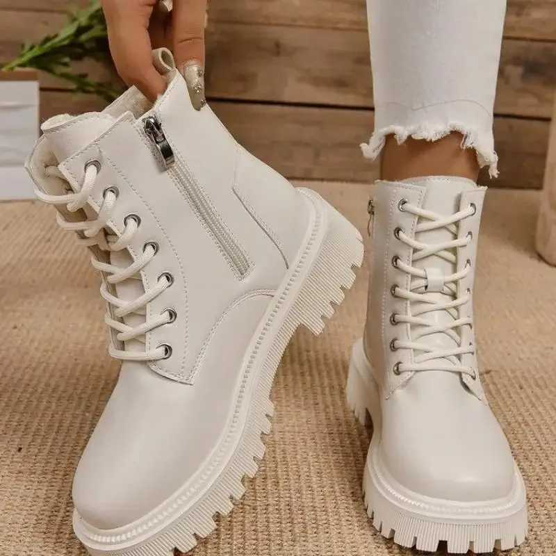 Ankle Boots for Women Winter 2025 Lace Up Pu Leather Motorcycle Woman Plus Size Short Booties Shoes Thick Warm Long PlushT251223