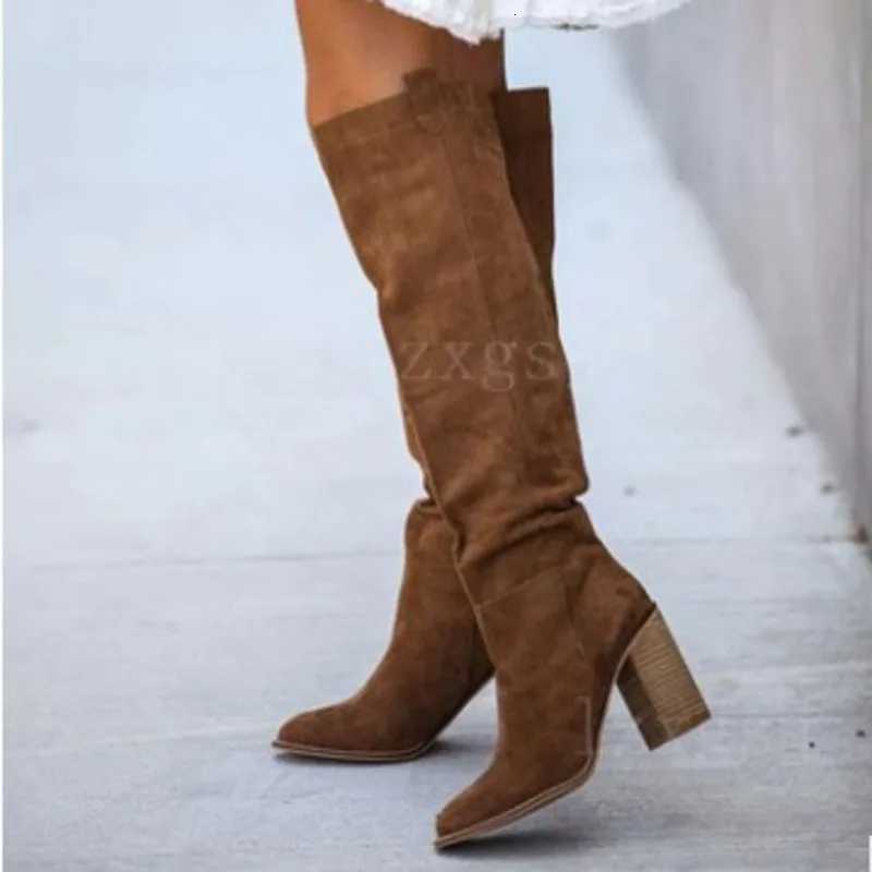 Chunky High Heel Pointed Toe Knee High Boots 2026 Women ShoesT251223