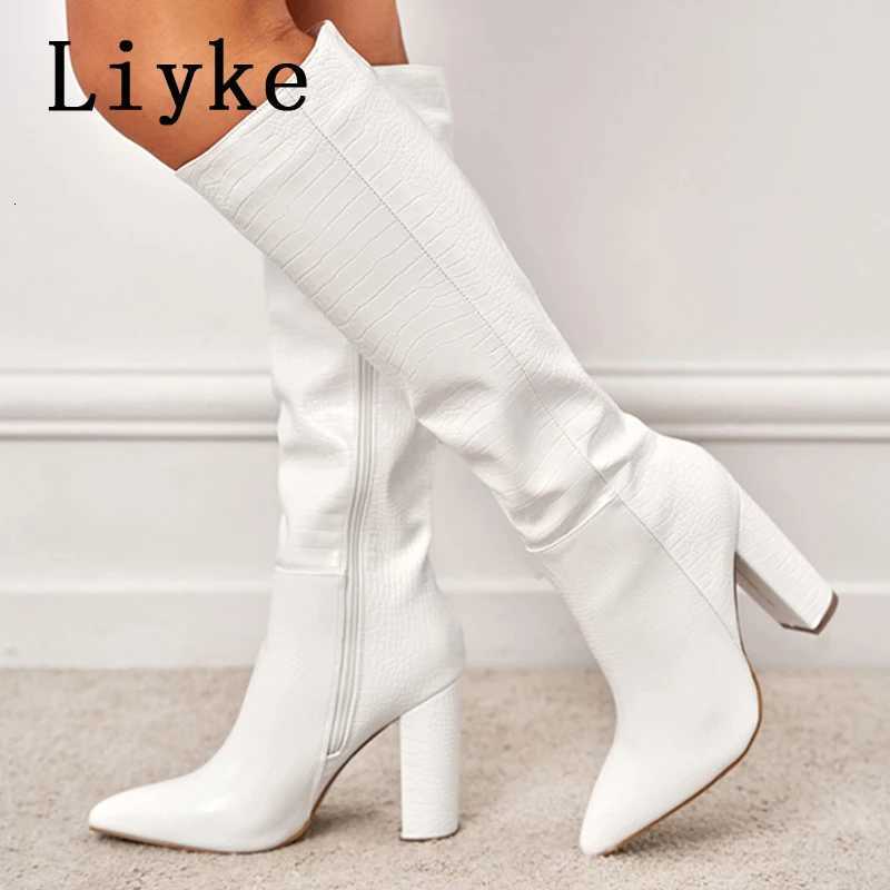 Liyke Fashion White Women Knee High Boots Sexy Snake Print Leather Pointed Toe Square Heels Ladies Long Booties Zip Female ShoesT251223