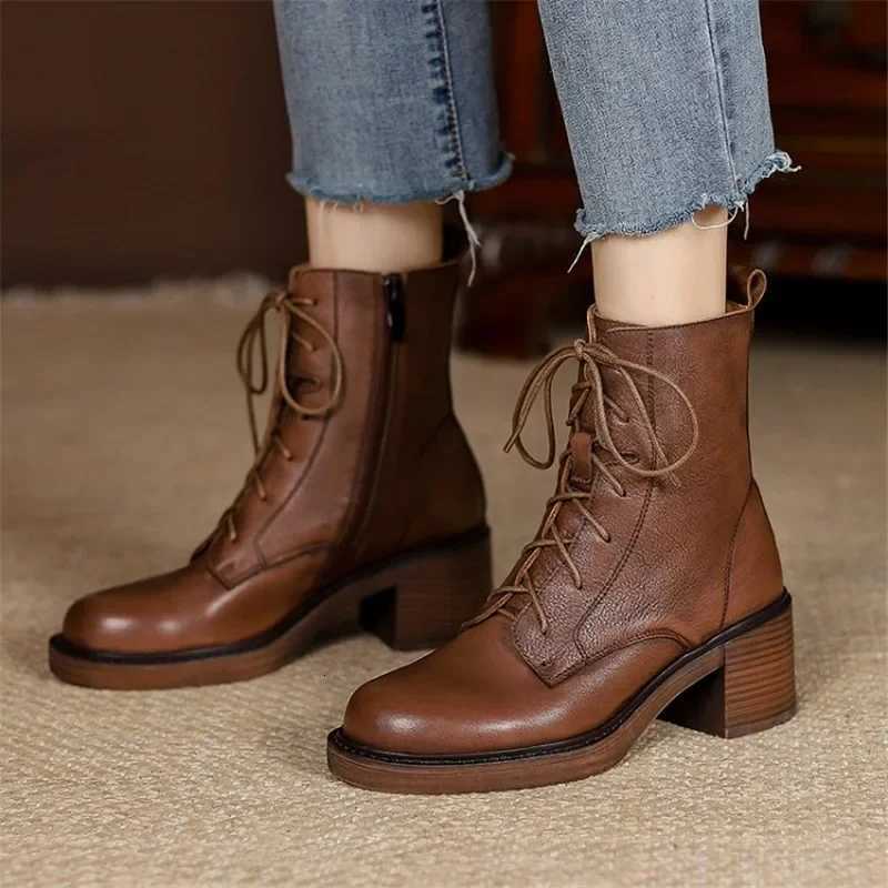2025 Winter Genuine Leather Women Boots Round Toe Thick Heel Lace Up Fashion Ankle Boots Retro Boots Platform Shoes Heels GrownT251223