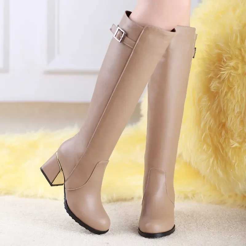 Women White Leather Knee Bare Boots Square High Heel Casual Long Tube Booties Lady Sexy Over Knee Thigh High Boots Lady WinterT251223