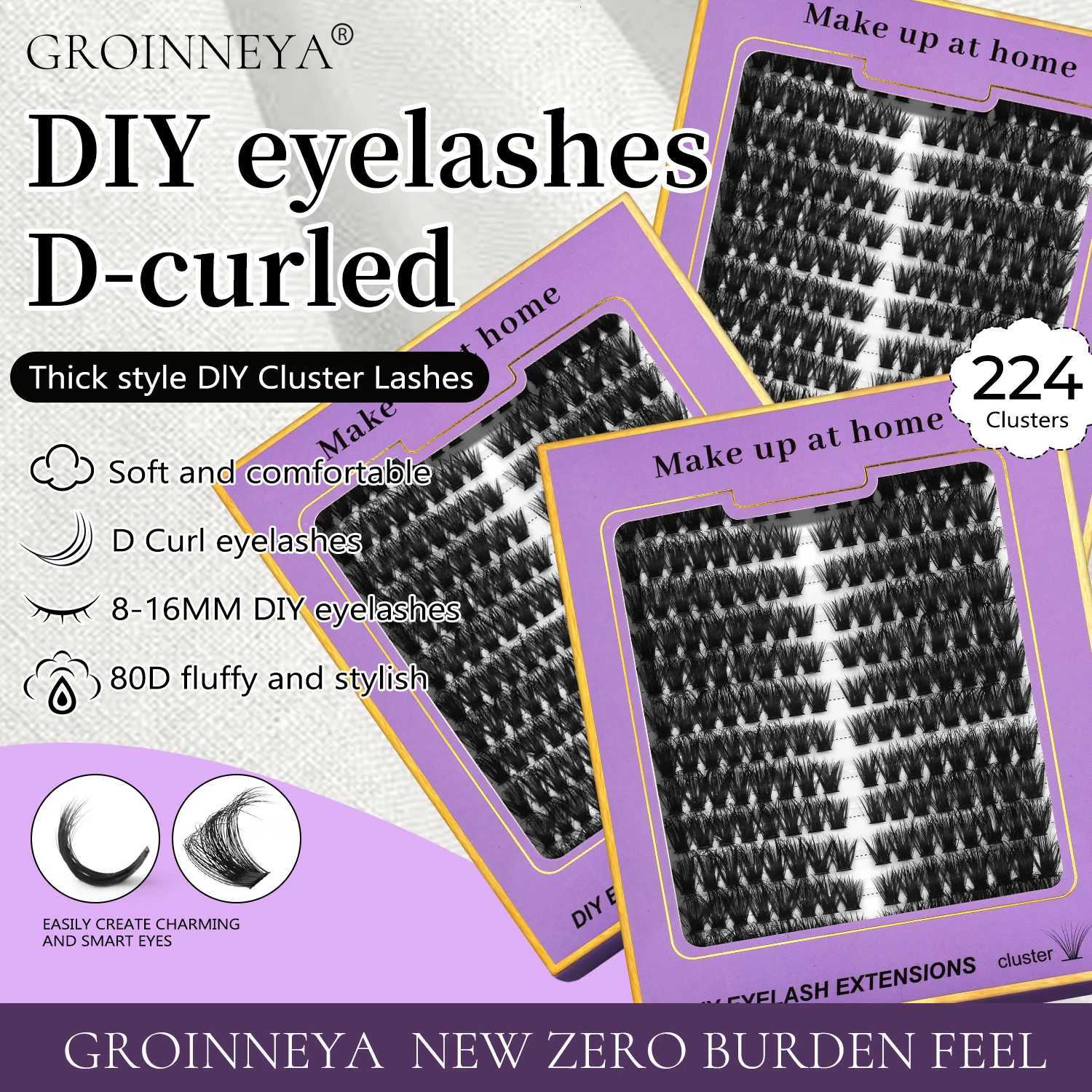 GROINNEYA Lashes Clusters D Curl Volume Fluffy Clusters Lashes Wispy Individual Lashes Extensions DIY Eyelashes MakeupT251223
