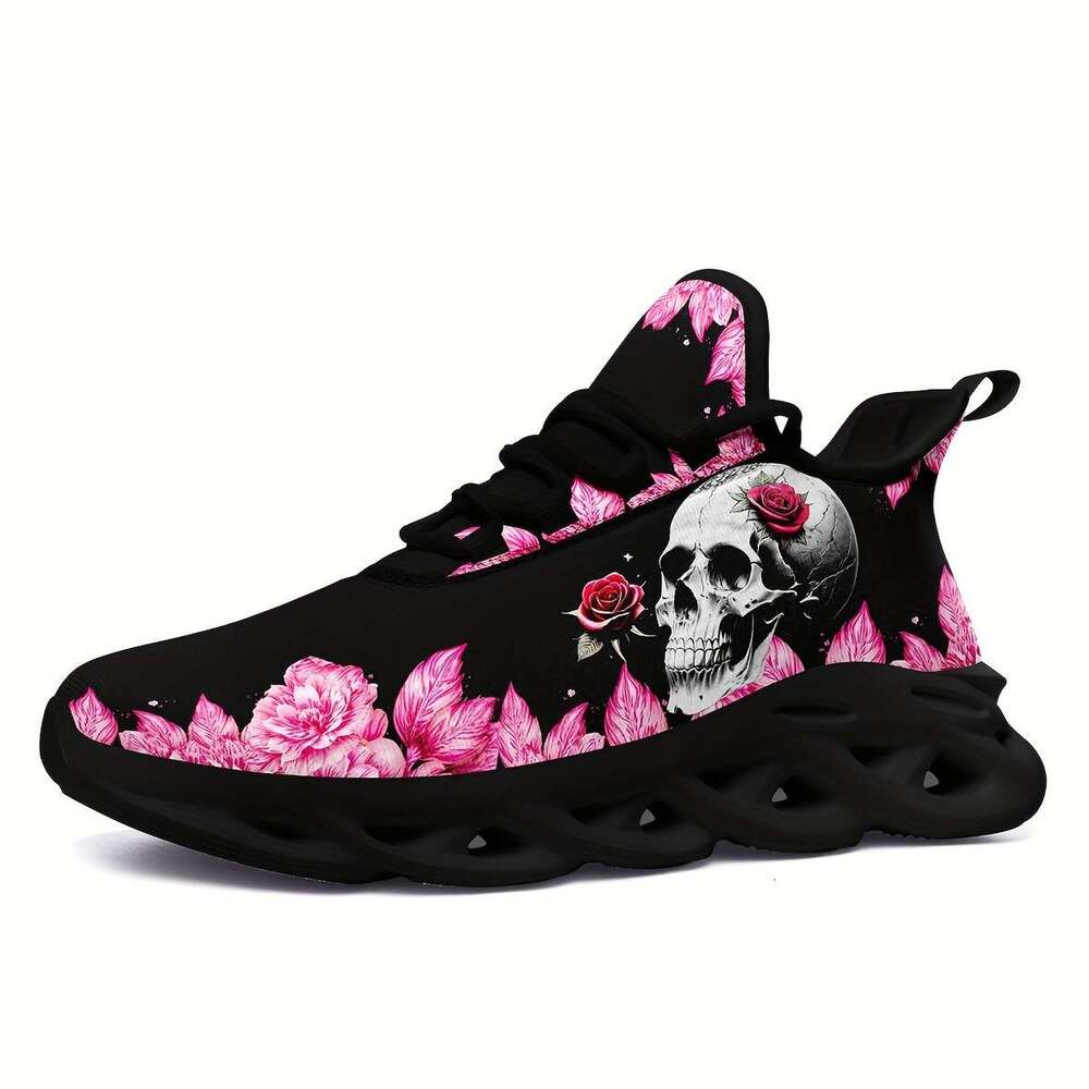 Women's Outdoor Shoes With Skull And Rose Print, Lightweight EVA Sole Cushioned Comfort, Non-Slip Breathable Fabric All-Season Road Running Shoes - view 7