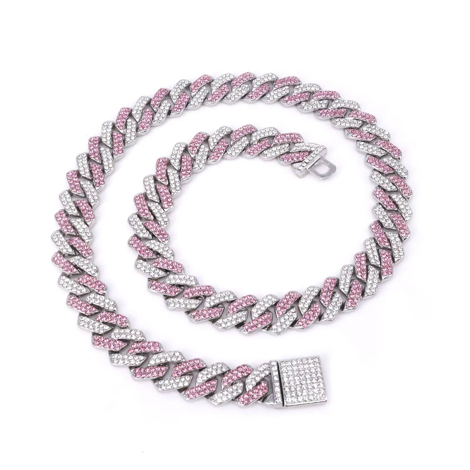 Hot Sale Temu 14mm Diamond-Shaped Pink Blue Diamond Flip Alloy Mens Necklace Cool Hip-Hop Cuban Chains with Geometric Pattern