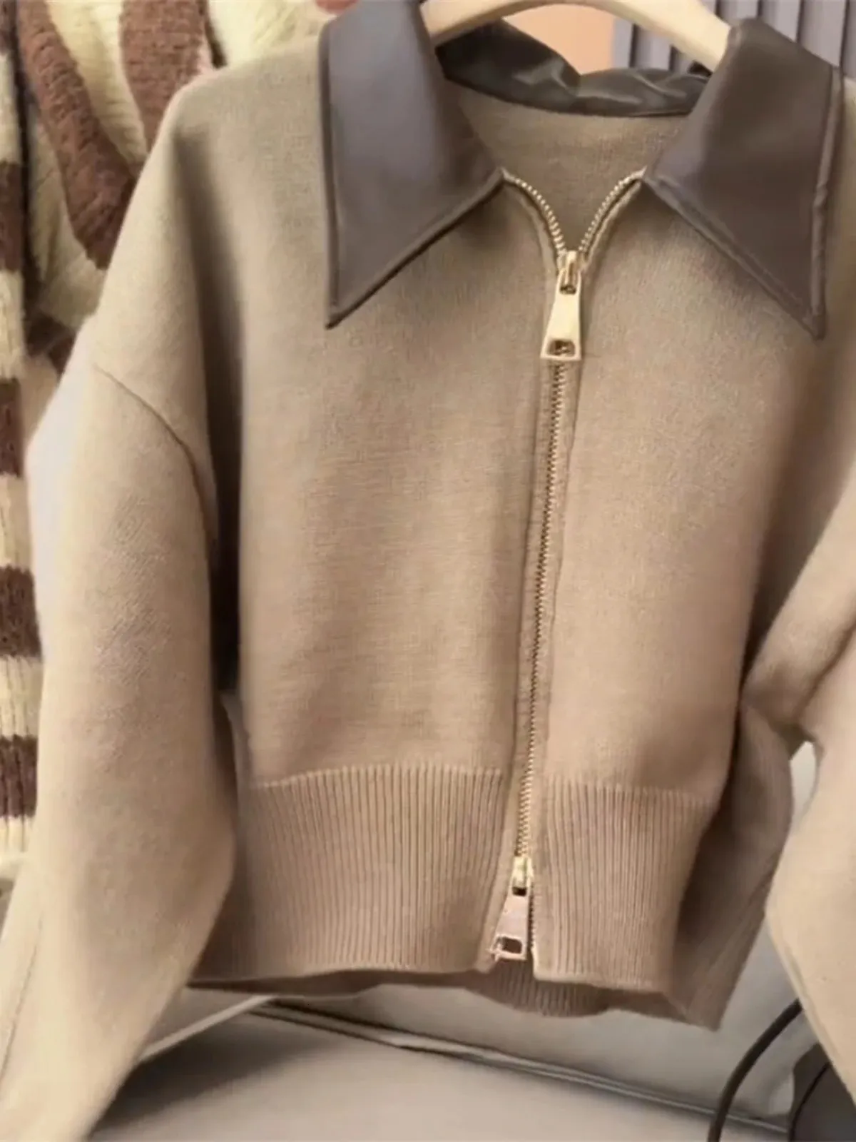 Spliced Leather Collar Knit Sweater Fashion Double Zipper Cardigan Womens AutumnWinter Soft Vintage Long Sleeve Streetwear