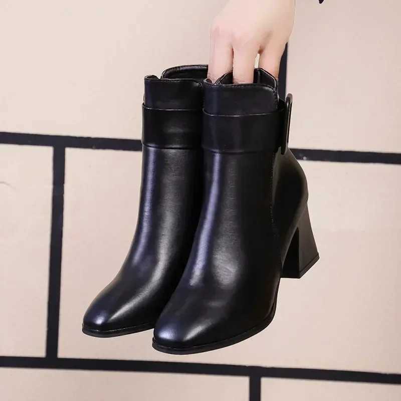 White Black Thick High Heel Ankle Boots Women 2024 Pointed Toe Keep Warm Elegant Short Booties Ladies Ankle Buckle DecorationT251223