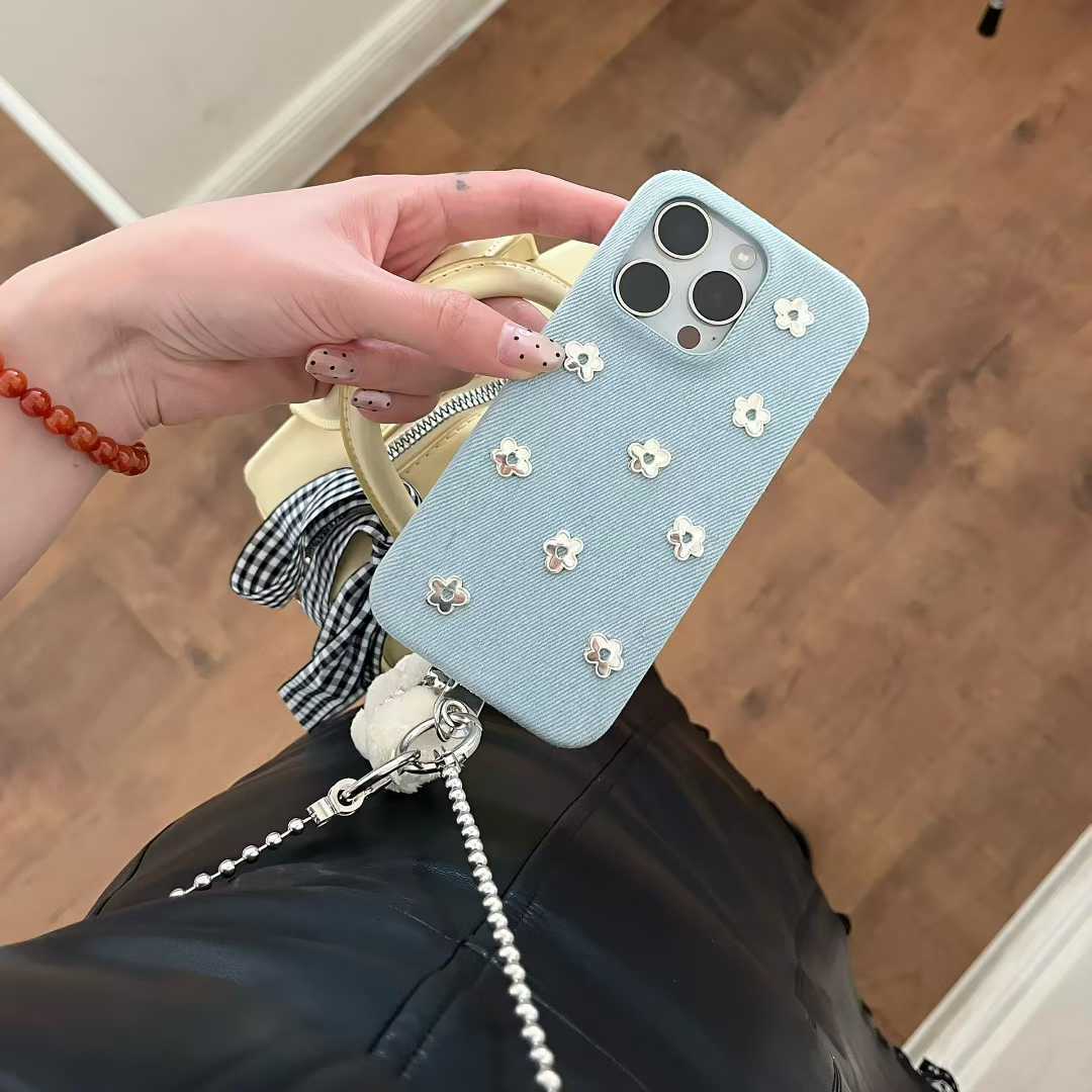 Artistic Sweet Blue Denim Small Flower Suitable for iPhone 16 Crossbody Pro Max Phone Case 15 Apple 14 Women 17