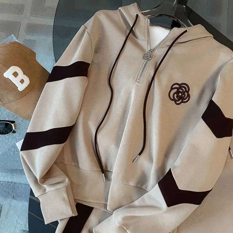 BESTBAFU Autumn Fashion Patchwork Sports Suit Women Casual Flower Print Hooded Top+Drawstring Wide Leg Pants 2-Piece Set 972P DREAM RECALL