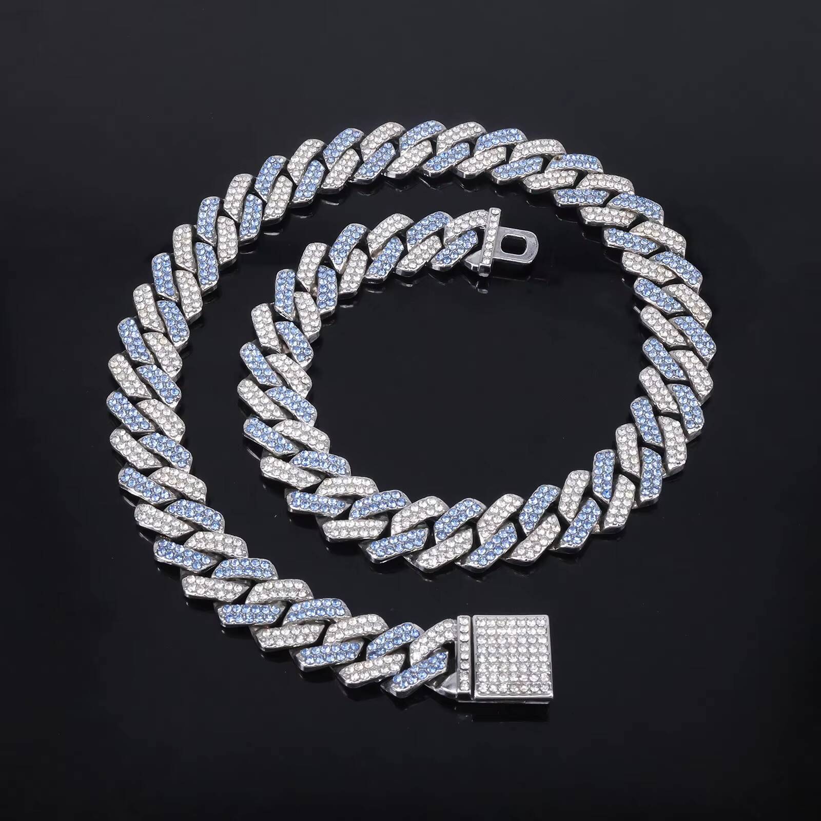 Hot Sale Temu 14mm Diamond-Shaped Pink Blue Diamond Flip Alloy Mens Necklace Cool Hip-Hop Cuban Chains with Geometric Pattern