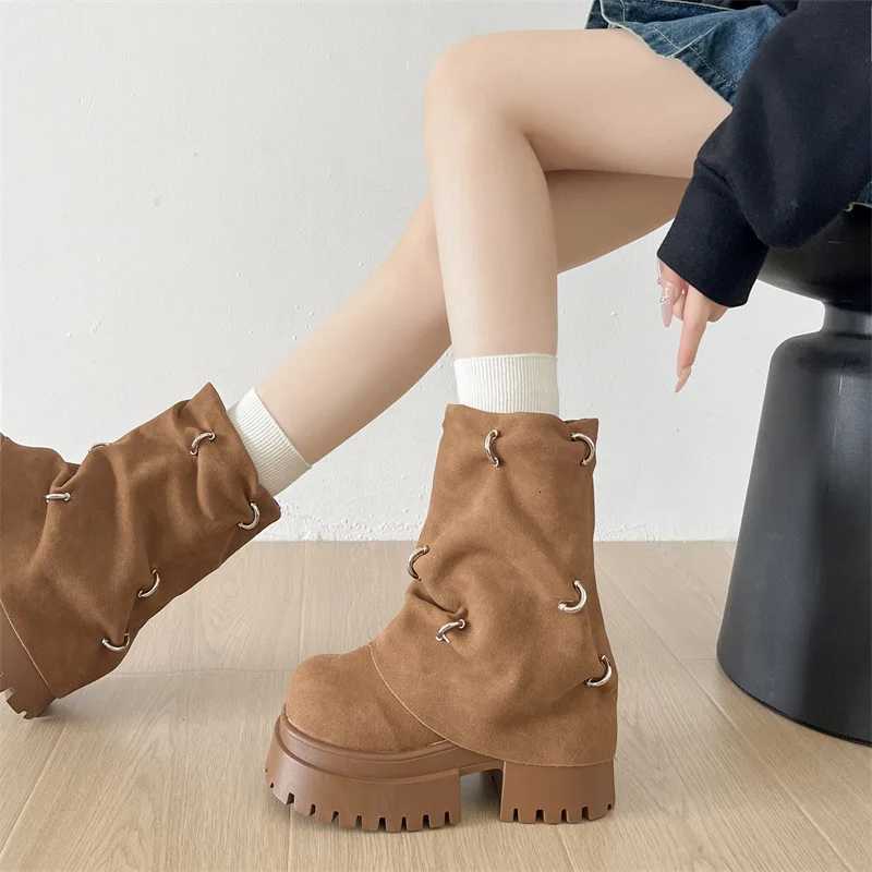 Winter Chunky Platform Heels Women Ankle Boots Punk Pleated Height Increase Short Booties Shoes Zapatos MujerT251223