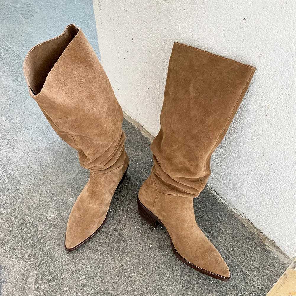 2025 New Kid Suede Retro Women Boots Autumn Winter Slip-On Boots for Women Pointed Toe Square Heel Basic Shoes Knee-high bootsT251223