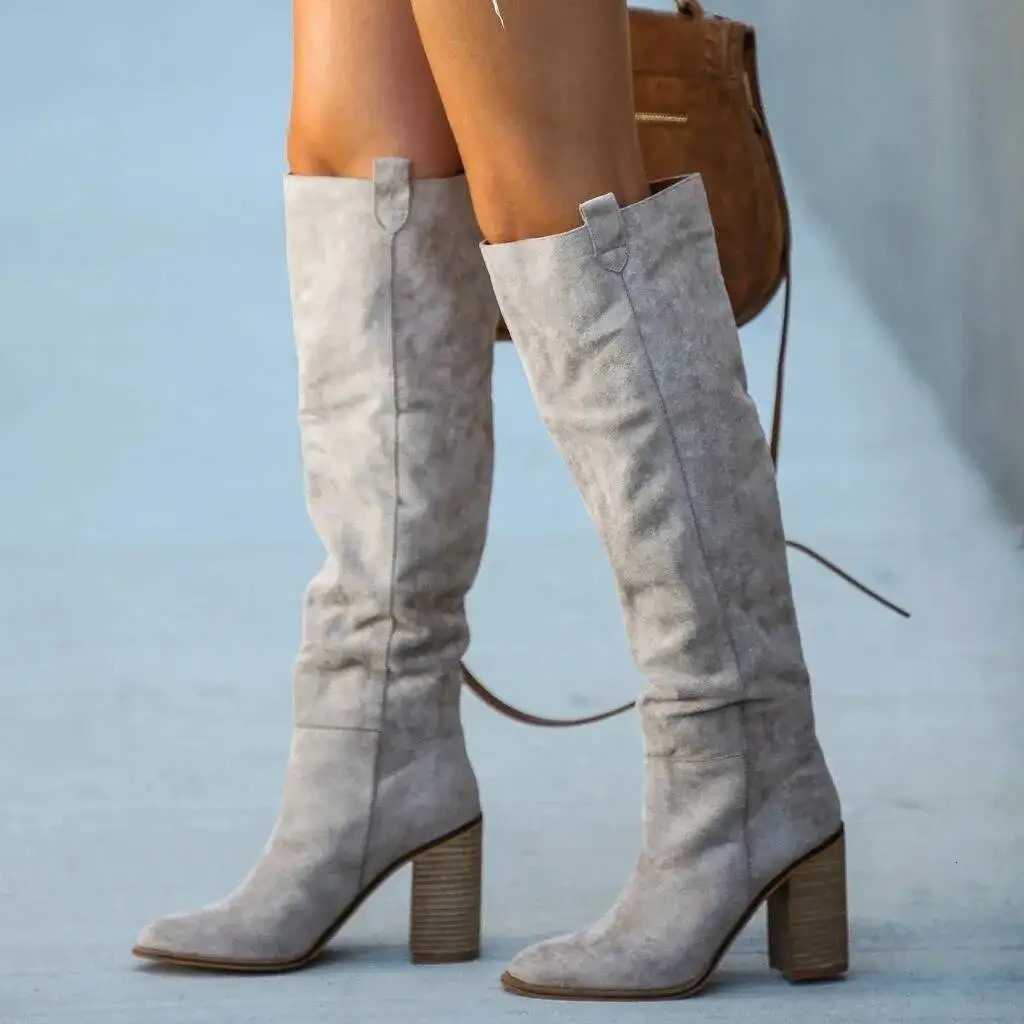 Chunky High Heel Pointed Toe Knee High Boots 2026 Women ShoesT251223
