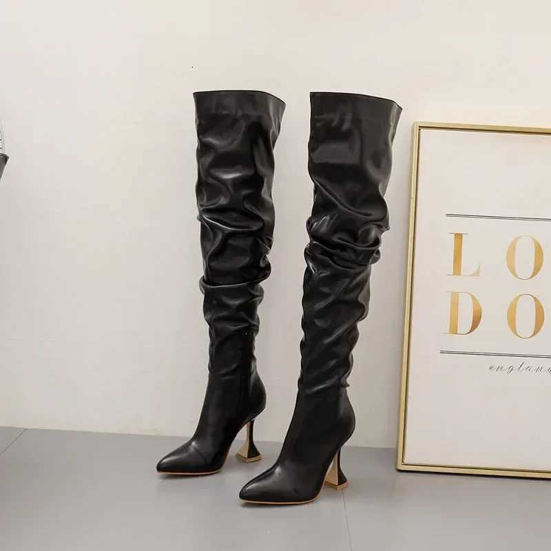 2024 New Stiletto Pointed Leather Boots Women Toe White Heeled Knee Boots Heel Side zipper Thigh Gigh BootiesT251223
