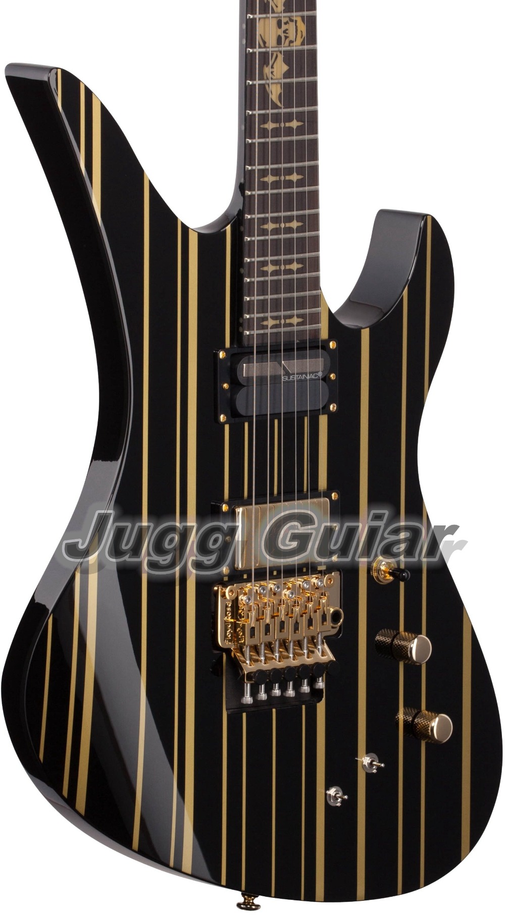 Black Gold Pinstripe Synyster Gates Custom S Electric Guitar 24 X Jumbo Frets Floyd Rose Tremolo Bridge Death Bat Inlay Black Binding Gold Hardware Grover Tuners