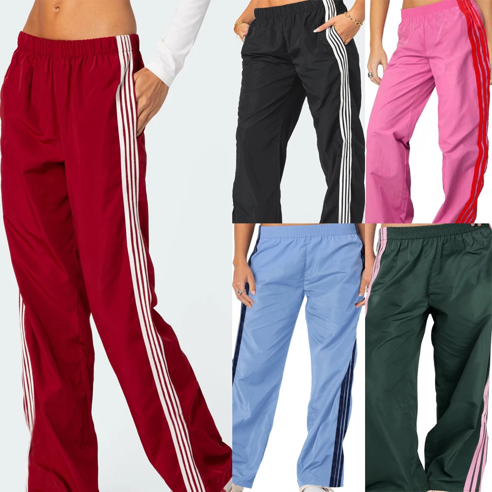 Striped Track Pants for Women Vintage Y2K Elastic Waist Wide Leg Sweatpants Teens Vintage Preppy Cute Parachute Pants Streetwear 251222