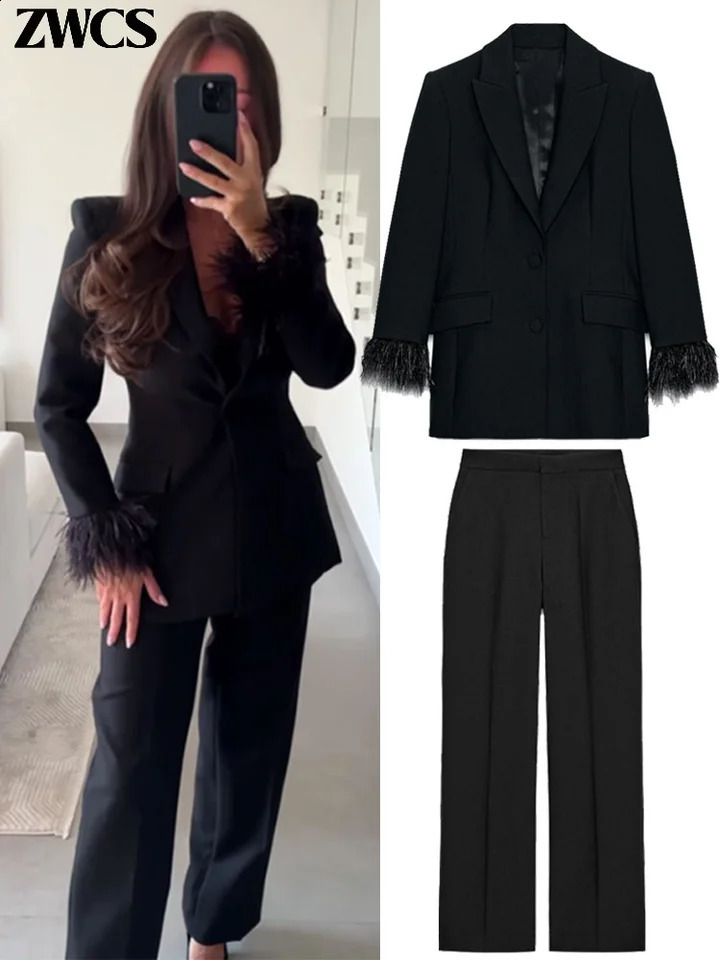 Elegant Feathers Blazer Pants Set Womens Solid Lapel Singlebreasted Suit Jackets Straight Wide Leg Trousers 2025 Outfits 251223