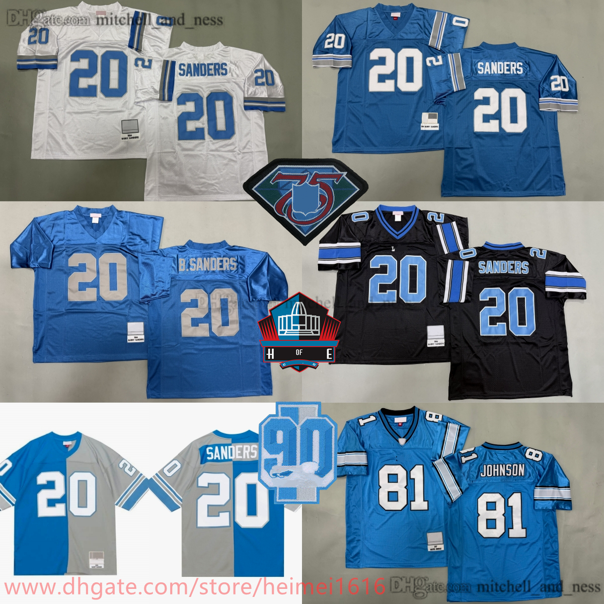 Custom XS-6XL 1994 M&N Throwback Football 20 Barry Sanders Jersey 2007 Classic Retro Stitched 81 Calvin Johnson Jerseys Blue White Black Breathable Sport Uniform